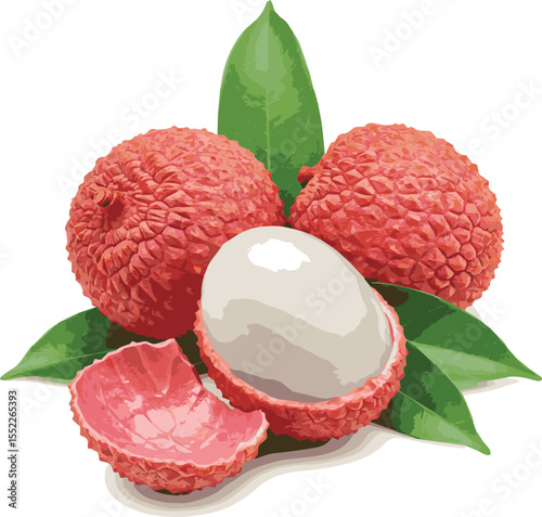 Vibrant Lychee Fruit Composition with Leaves and Half-Peeled Lychee Presenting the White Flesh, a Tropical Still Life