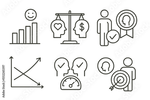 Psychology in Business Icons. Line style icons of psychology in business: career satisfaction chart, personal alignment scale,