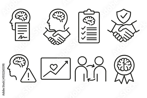 Psychology Business Icons. Line style icons of psychology in business: psychological contract icon, unspoken agreement paper,
