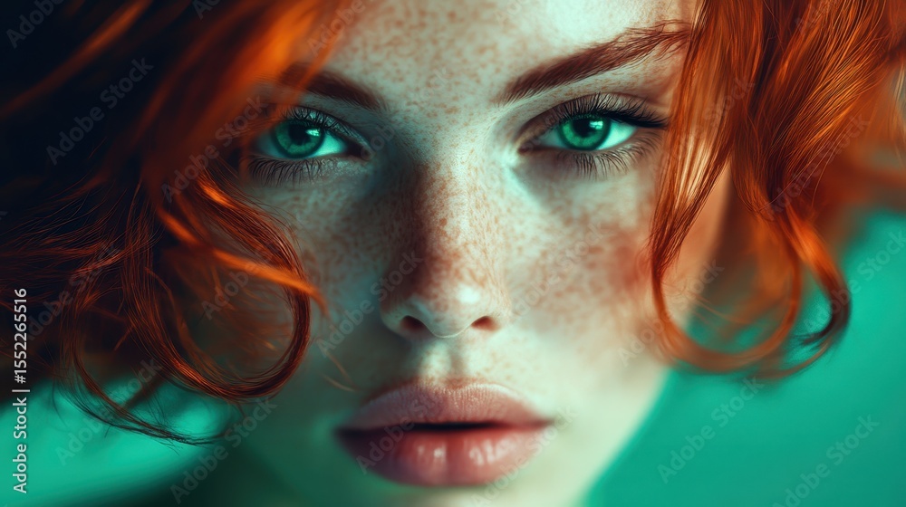 A captivating portrait of a woman with striking green eyes and natural freckles, embodying timeless beauty and individuality against an ethereal, soft background. A captivating portrait of a woman with striking green eyes and natural freckles, embodying timeless beauty and individuality against an ethereal, soft background.