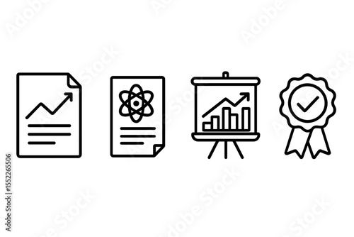 Climate Analytics Icons. Line style icons of climate analytics: climate report document, scientific summary icon, policy briefing