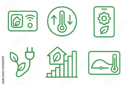 Green Tech Icons. Line style icons of green tech and eco services: smart thermostat icon, temperature control badge, energy saver