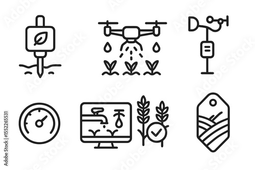 Green Tech Icons. Line style icons of green tech and eco services: smart agriculture sensor, soil moisture icon, precision sprayer