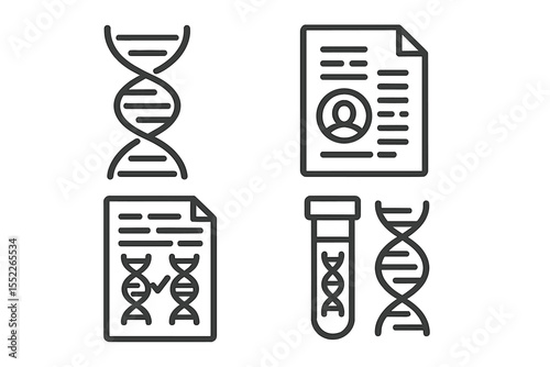 Biometric Icons Set. Line style icons of biometrics and digital identity: DNA profile icon, genetic code chart, personal genome