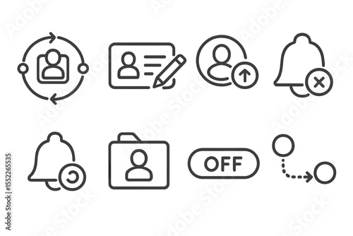 Biometric Identity Icons. Line style icons of biometrics and digital identity: digital identity lifecycle chart, ID creation icon,