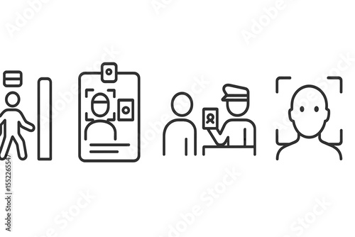 Biometric Travel Icons. Line style icons of biometrics and digital identity: airport e-gate icon, border control scan badge,