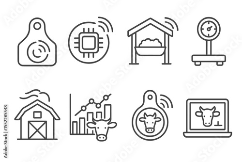 Agro-Tech Line Icons. Line style icons of agro-industrial technologies: livestock tracking tag, animal health chip, smart feeding