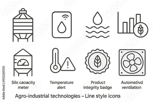 Agro-Tech Line Icons. Line style icons of agro-industrial technologies: vertical grain silo, smart storage sensor, humidity