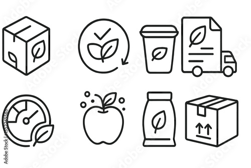 Agro-Tech Icons. Line style icons of agro-industrial technologies: eco-packaging icon, compostable tray badge, bioplastic