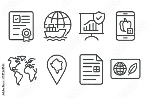 Agro-Industrial Icon Set. Line style icons of agro-industrial technologies: export certificate icon, global shipping badge, trade