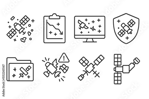 Space Research Icons. Line style icons of space research and satellite technologies: orbital debris icon, collision risk chart,