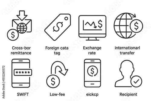 Fintech Icon Set. Line style icons of fintech in developing countries: cross-border remittance icon, foreign currency tag,