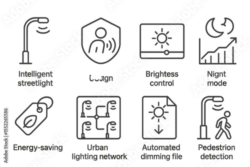 Smart City Icons. Line style icons of smart cities and urban systems: intelligent streetlight icon, motion sensor badge,