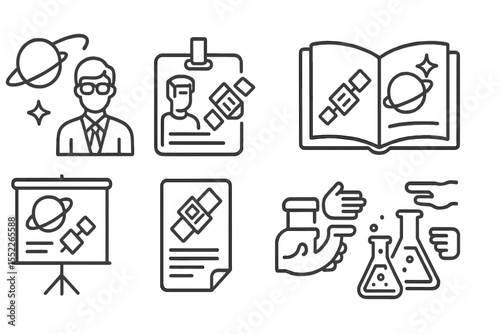 Space Research Icons. Line style icons of space research and satellite technologies: academic space research icon, university lab