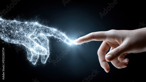 Two digital hands touching, creating fantastic electric sparkle