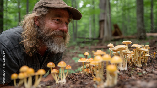 Happy naturalist found a lot of magic mushrooms in forest