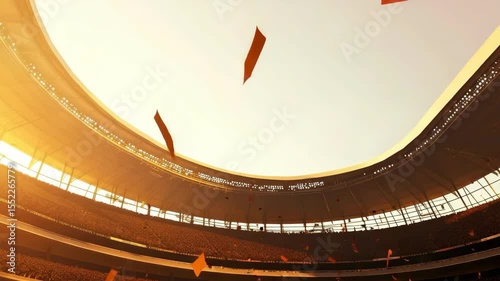 A stadium filled with confetti and people celebrating. Scene is joyful and celebratory