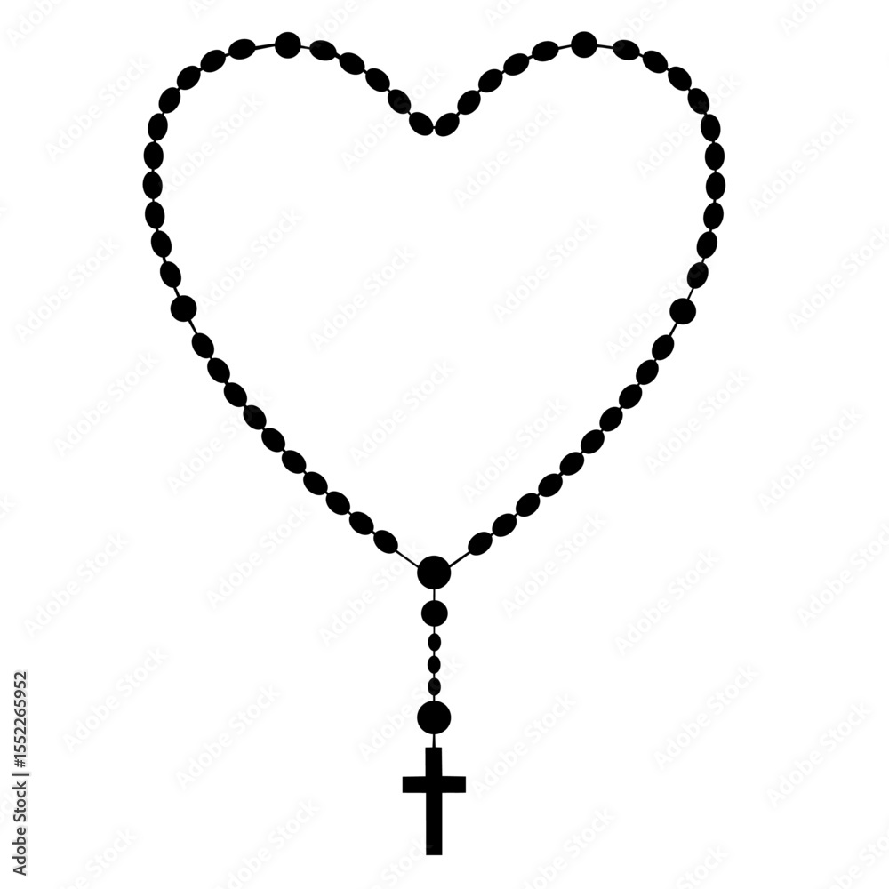 Rosary Beads Forming a Heart Shape with Hanging Cross. Worship Materials, and Catholic Rosary Beads Forming a Heart Shape with Hanging Cross. Worship Materials, and Catholic