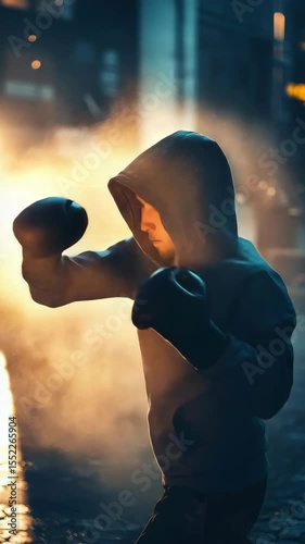 A young boy wearing a blue hoodie and boxing gloves. He looks sad and is about to punch something