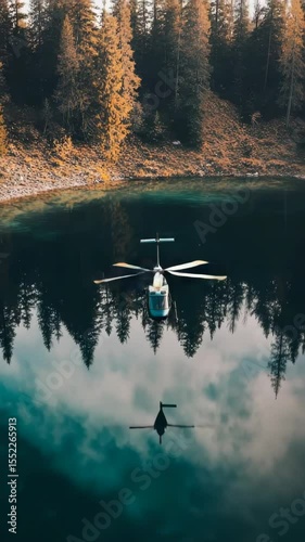Helicopter sports. A helicopter is flying over a lake with trees in the background. The water is calm and the sky is cloudy