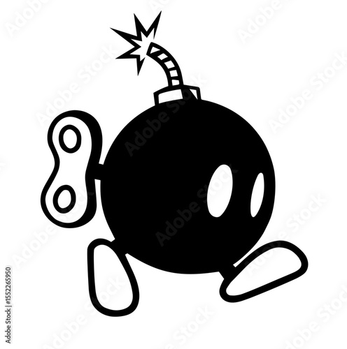 Cartoon Walking Bomb Character with Fuse and Wind-Up Key – Danger, Countdown, Explosive Energy, Retro Video Game Character, and Urgency in Humorous or Gaming