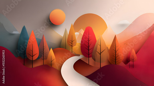 A serene and vibrant illustration depicting a winding path through autumnal trees.