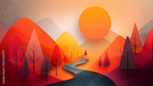 A vivid minimalistic landscape featuring a winding river, vibrant mountains, and a warm sunset, evoking a sense of tranquility.