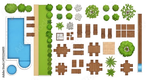 Top View Landscape Design Poolside Planter Wooden Furniture