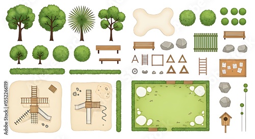Top View Park Landscape Design Elements Green Trees Wooden Benches Playground