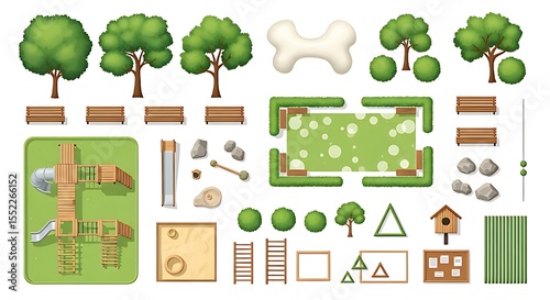 Top View Park Playground Design Elements Green Trees Wooden Benches Sandbox