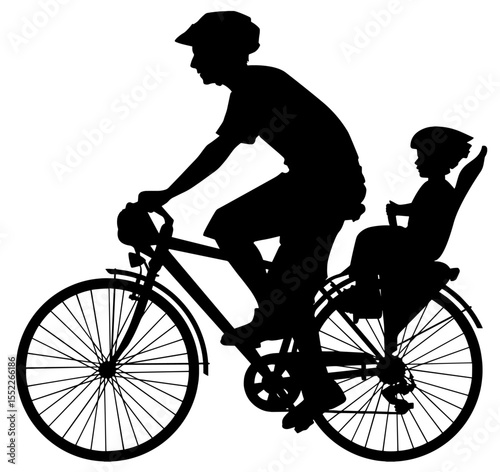 Parent Riding Bicycle with Child in Rear Seat – Silhouette, Outdoor Activity, Eco-Friendly Transportation, Healthy Lifestyle, and Safe Cycling with Kids in Urban or Park Environments
