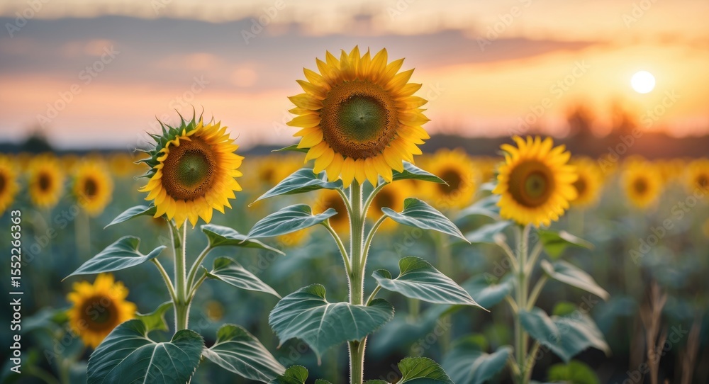Fototapeta premium Beautiful young sunflower grow in a field at sunset with agricultural crops, yellow flowers, and natural background, featuring empty copy space for text