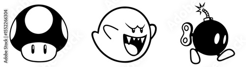 Cute Retro Game Character Set – Cartoon Mushroom, Ghost and Wind-Up Bomb Silhouettes