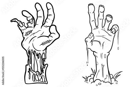Zombie Hands Rising from Graves – Horror Illustration Symbolizing Halloween, Apocalypse, Undead Resurrection, Scary Creatures, and Spooky Cemetery Scenes for Horror or Thriller