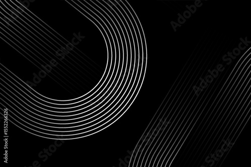 Abstract black and white background with creative line patterns, geometric designs, and flowing light curves