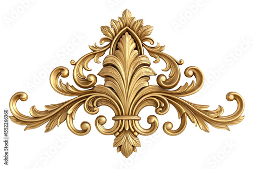 Intricate Golden Fleur de Lis Architectural Ornament Isolated on White Background