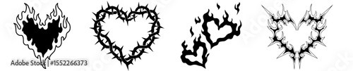 Gothic Heart Symbol Set with Flames, Thorns, and Barbed Wire – Expressing Broken Love, Passion, Emotional Pain, Dark Romance, Heartache