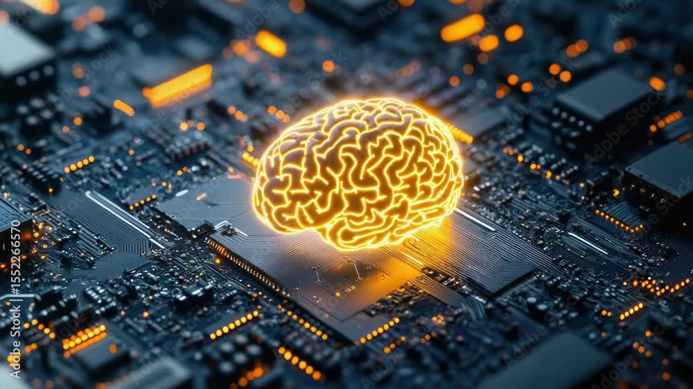 A futuristic computer motherboard featuring a glowing brain component, perfect for illustrations about artificial intelligence, technology, and innovation