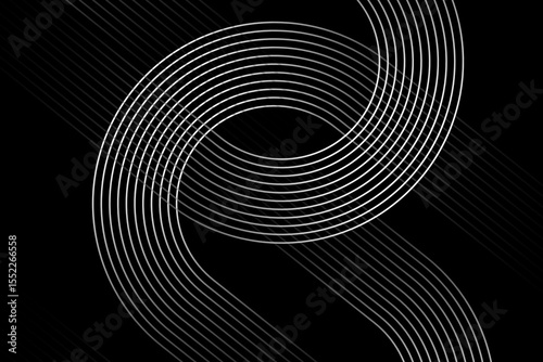 Abstract black and white background with creative line patterns, geometric designs, and flowing light curves