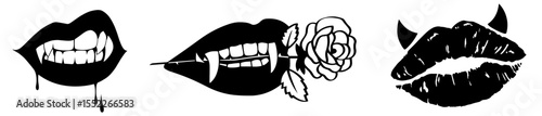 Vampire and Devil Lips Set – Erotic Gothic with Fangs, Blood, Rose, Horns, Seduction, Dark Romance, Forbidden Desire, and Adult Passion for 18+ Content, Sexy Branding