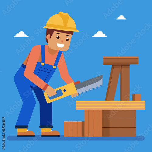 Construction worker in hard hat and overalls sawing wood with a handsaw