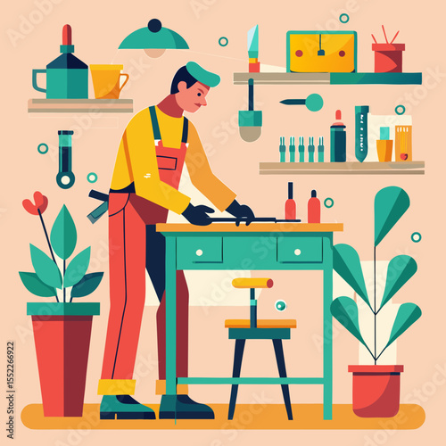 Craftsman working at a workbench with tools and plants in a workshop