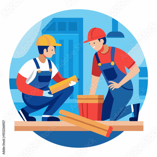 Two construction workers in hard hats and overalls collaborating on a building project