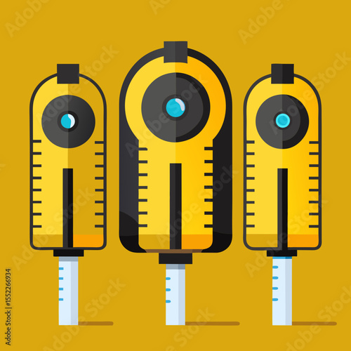 Three stylized yellow measuring tapes with black accents and blue circles on a mustard yellow background