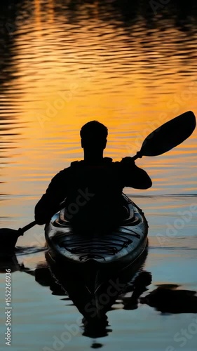 A man is sitting in a kayak on a lake. The sky is orange and the sun is setting