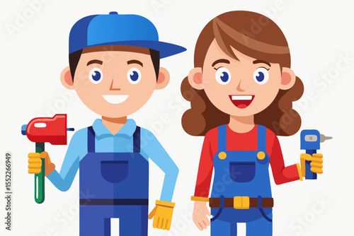 Friendly male and female construction workers holding tools with smiles