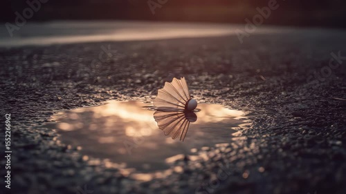 The badminton shuttlecock is sitting in a puddle of water. The puddle is reflecting the sun. A game of banmintod.