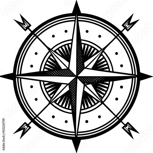 This compass rose showcases an intricate design with eight distinct points. The black and white color scheme enhances its bold appearance, making it suitable for nautical themes or decor.