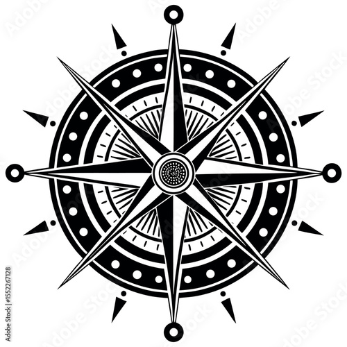 Detailed compass rose design featuring eight points and decorative elements with a graphic black and white style Generative AI