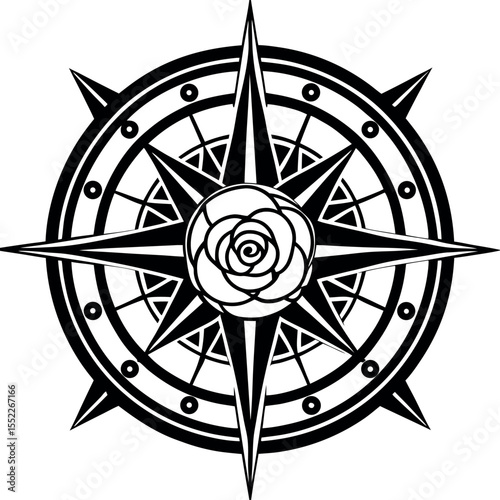 Detailed compass design with sharp points and circular patterns suitable for navigation or artistic use Generative AI
